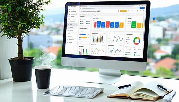 The image features a vibrant workspace filled with natural light showcasing a modern office environment In the foreground a sleek computer displays a Google Business Profile dashboard with colorful graphs and metrics indicating performance A notepad-1